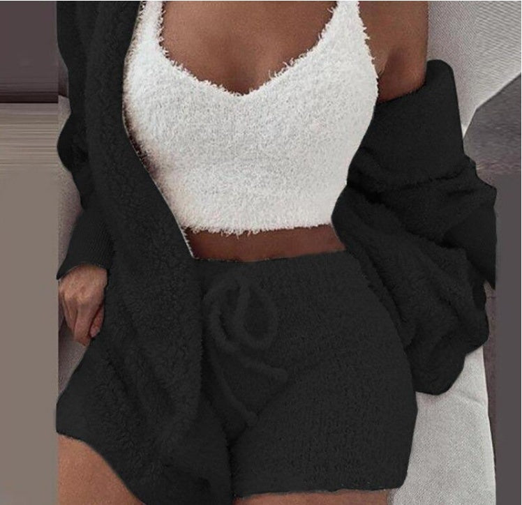 Winter Sexy Women Home Wear Suit Casual Pajamas Set Lady Female Soft Warm Long Sleeve Exposed Navel Vest Shorts Set