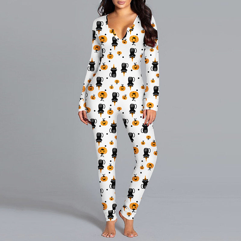 Halloween Printed Jumpsuit Long Sleeve Home Pajamas Casual Trousers Women's Cos Clothing