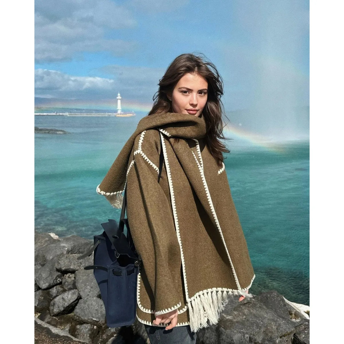 Women Autumn Winter Casual Zigzag Scarf Collar Contrasting Single Breasted Overcoat With Scarf Elegant Long Sleeves Warm Coats