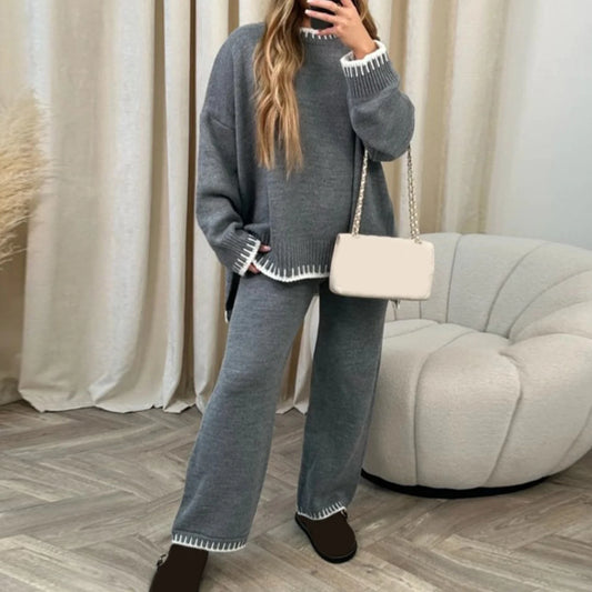 Women Fall Winter Casual Knitted Clothes Suit Contrast Color Crew Neck Long Sleeve Sweater with Pants Set Tracksuit