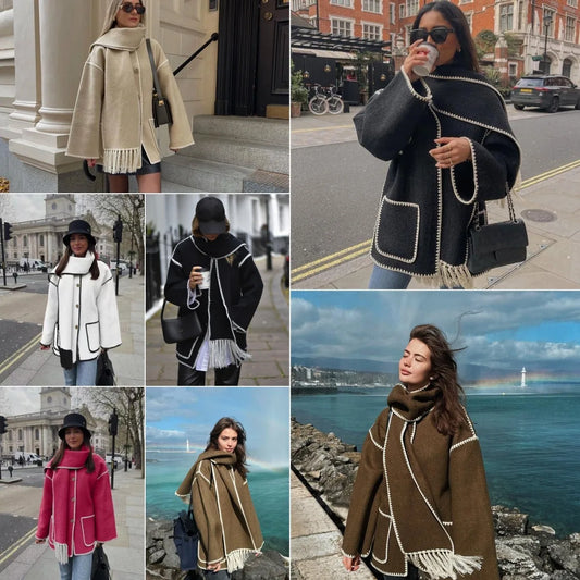 Women Autumn Winter Casual Zigzag Scarf Collar Contrasting Single Breasted Overcoat With Scarf Elegant Long Sleeves Warm Coats